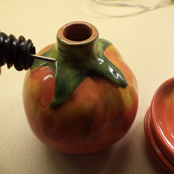 Set includes Bottle for Dipping Oil and Matching Serving Saucers.- Tomato Design - Picture 5 of 5